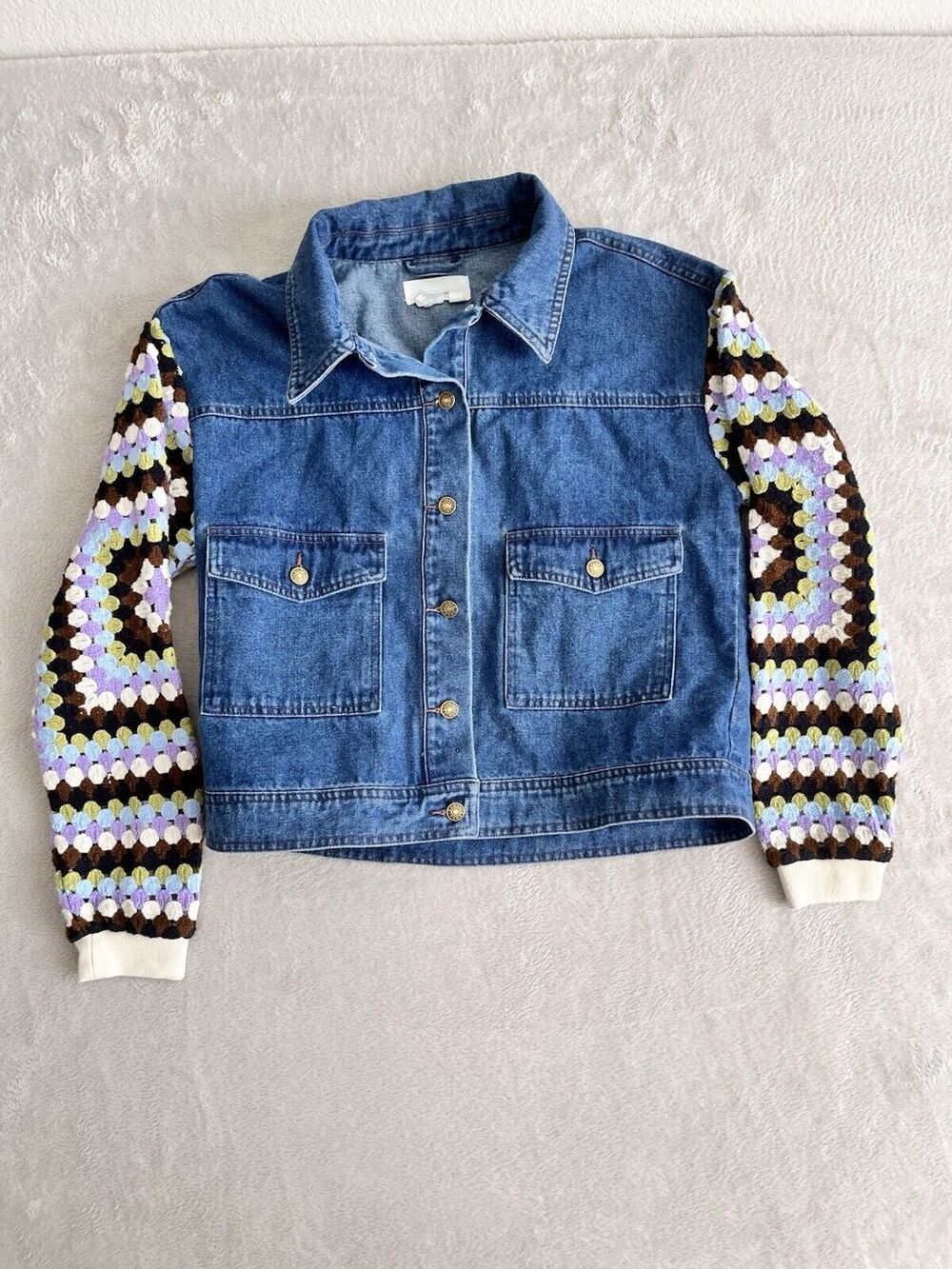 By Anthropologie Crochet Sleeve Denim Jacket Size Small Trucker 70's Boho Funky